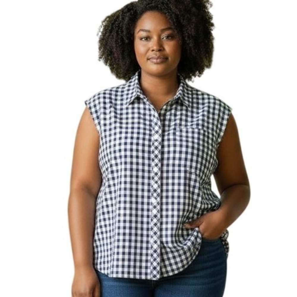 Per Se Womens‎ 3X Gingham Sleeveless Button Down Shirt Black White Cotton Top